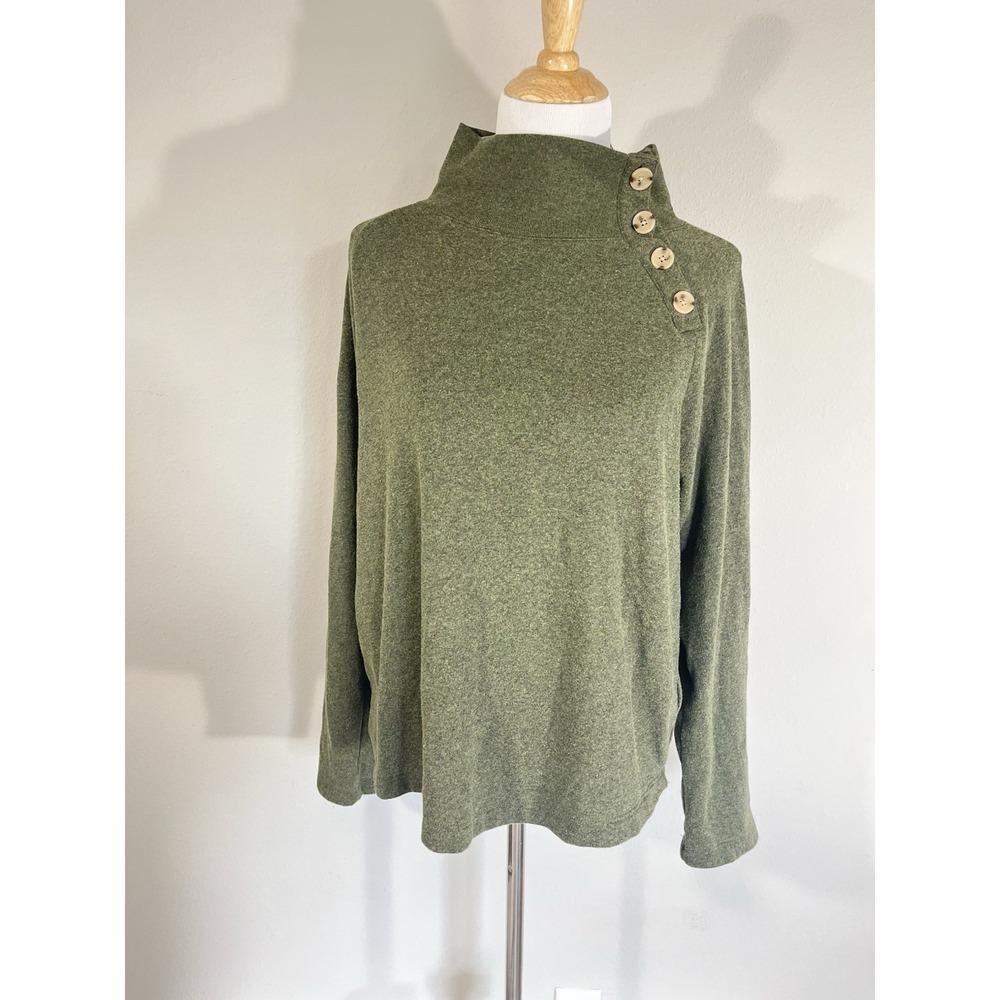 J Crew Mock Neck Sweater Size L Green Buttons Pullover Cotton Blend Academia